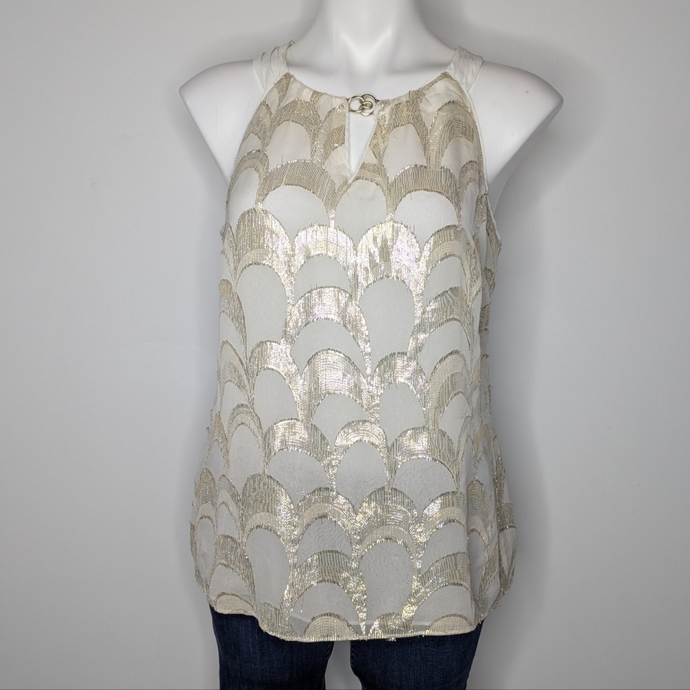 WHBM White Metallic Gold Halter Silk Blend Tank Top Blouse M